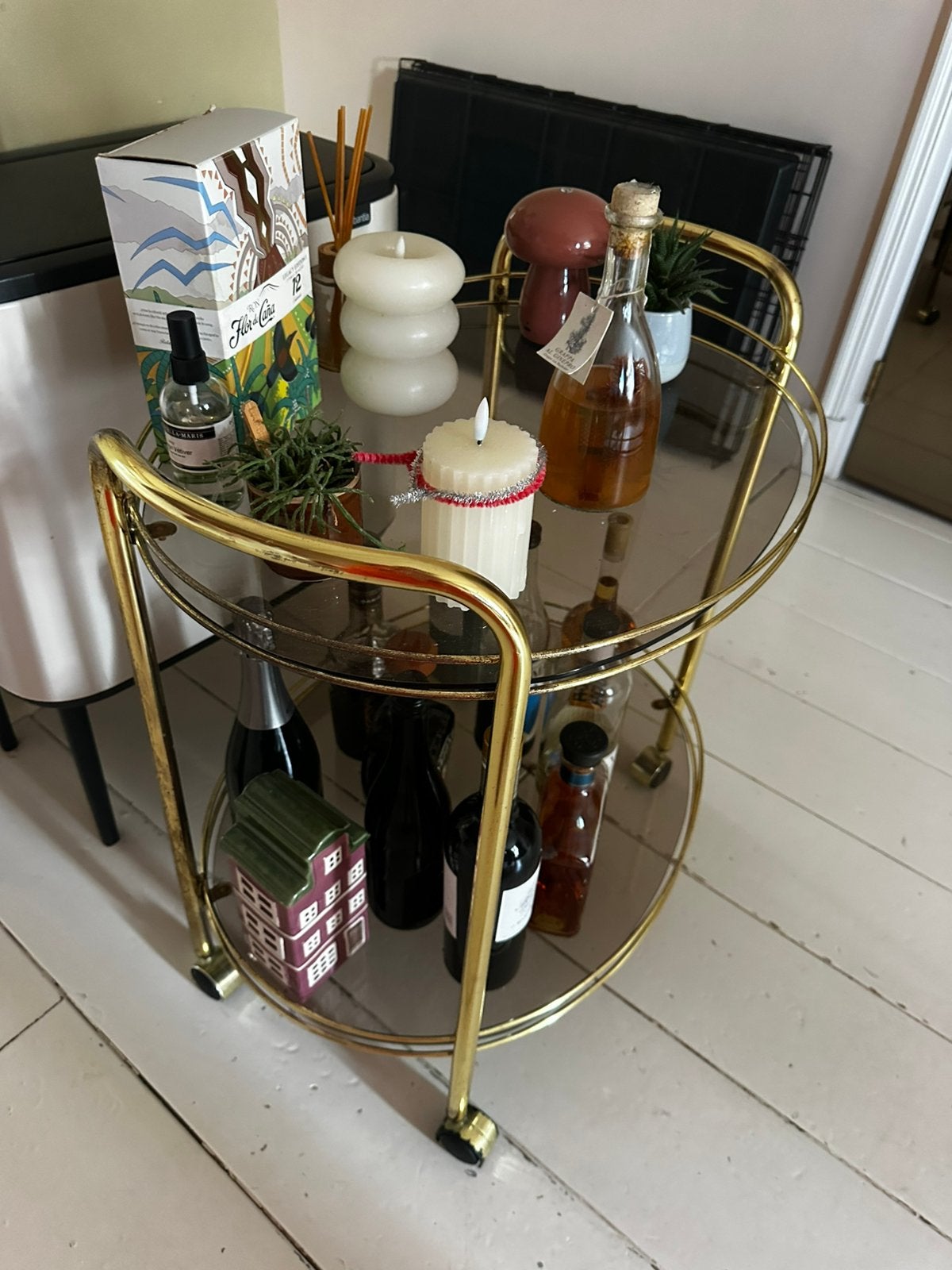 Gouden serveerwagen/barcart met glazen platen, Vintage, Gebruikt, Ophalen of Verzenden, Goud