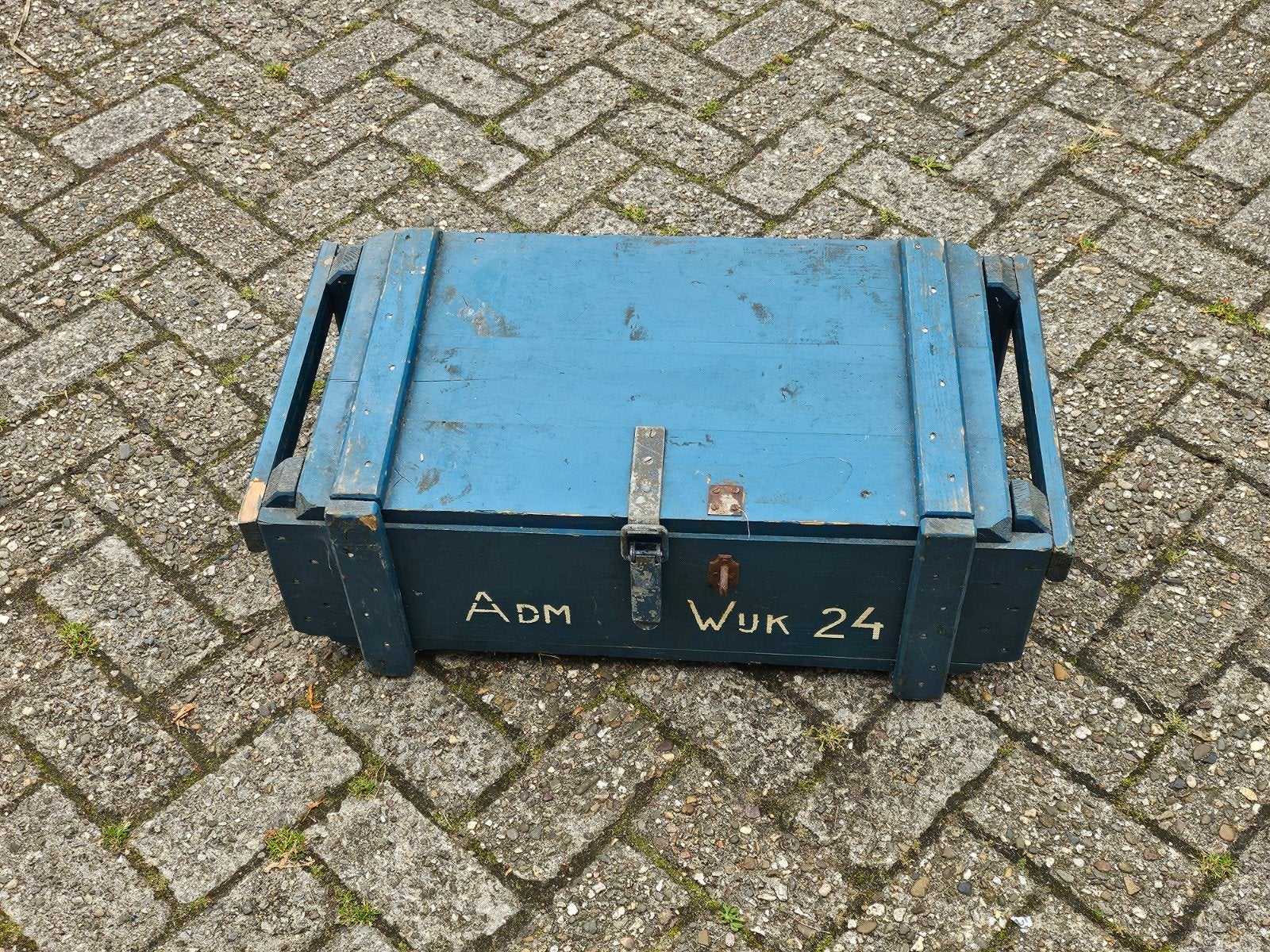 Blauwe houten kist handvaten 754025cm, Ophalen, ., ., Nederland