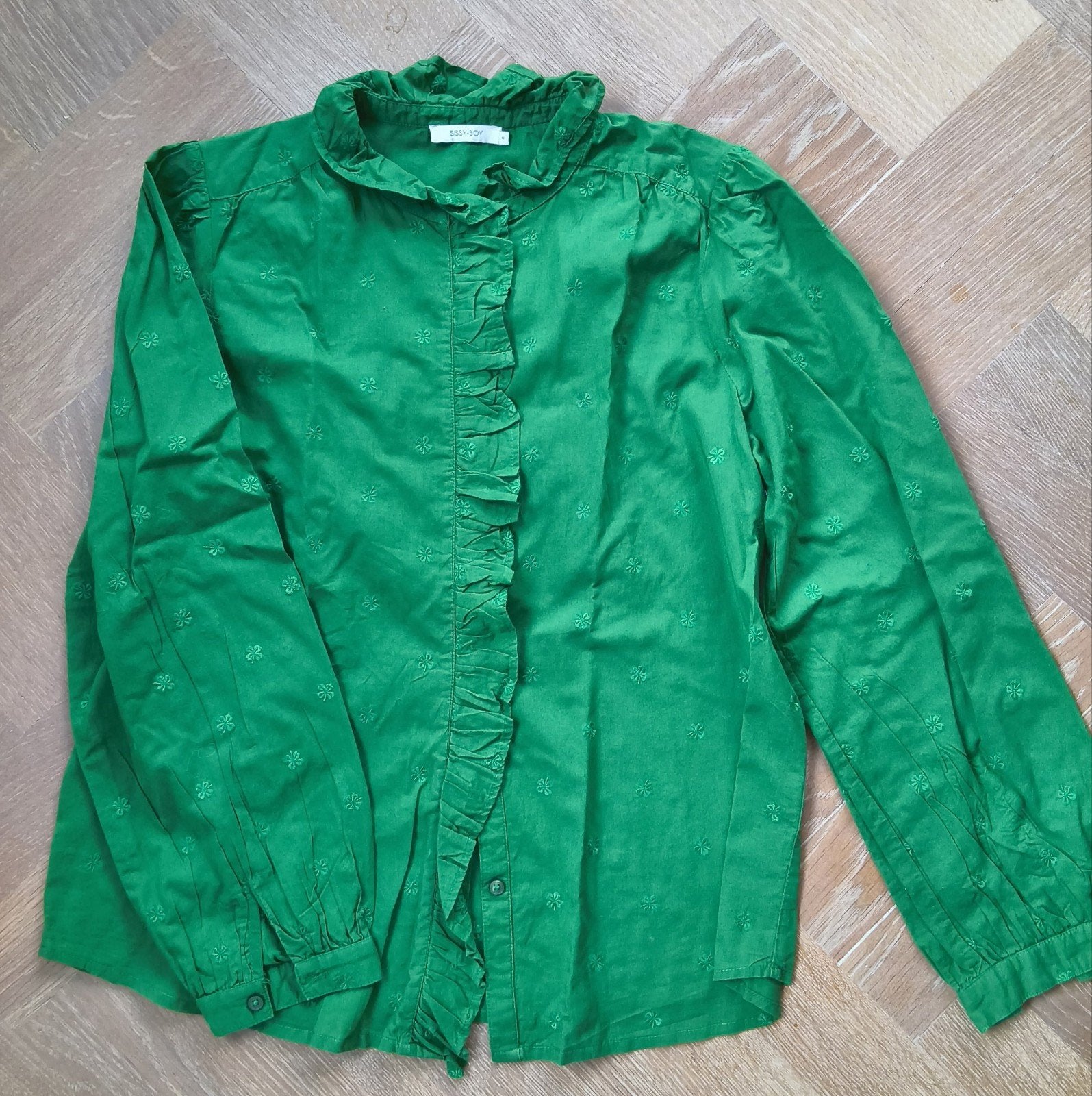 Sissy-Boy groene blouse met ruches en borduursels, Kleding | Dames, Maat 38/40 (M), Sissy-Boy, Ophalen of Verzenden, Zo goed als nieuw