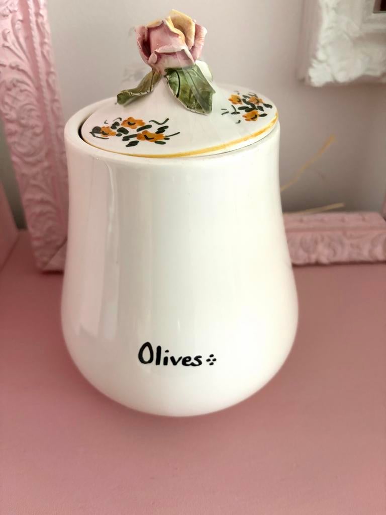 Vintage Brocante Olijven Pot met Deksel - Keuken Decoratie, Antiek en Kunst, Ophalen of Verzenden