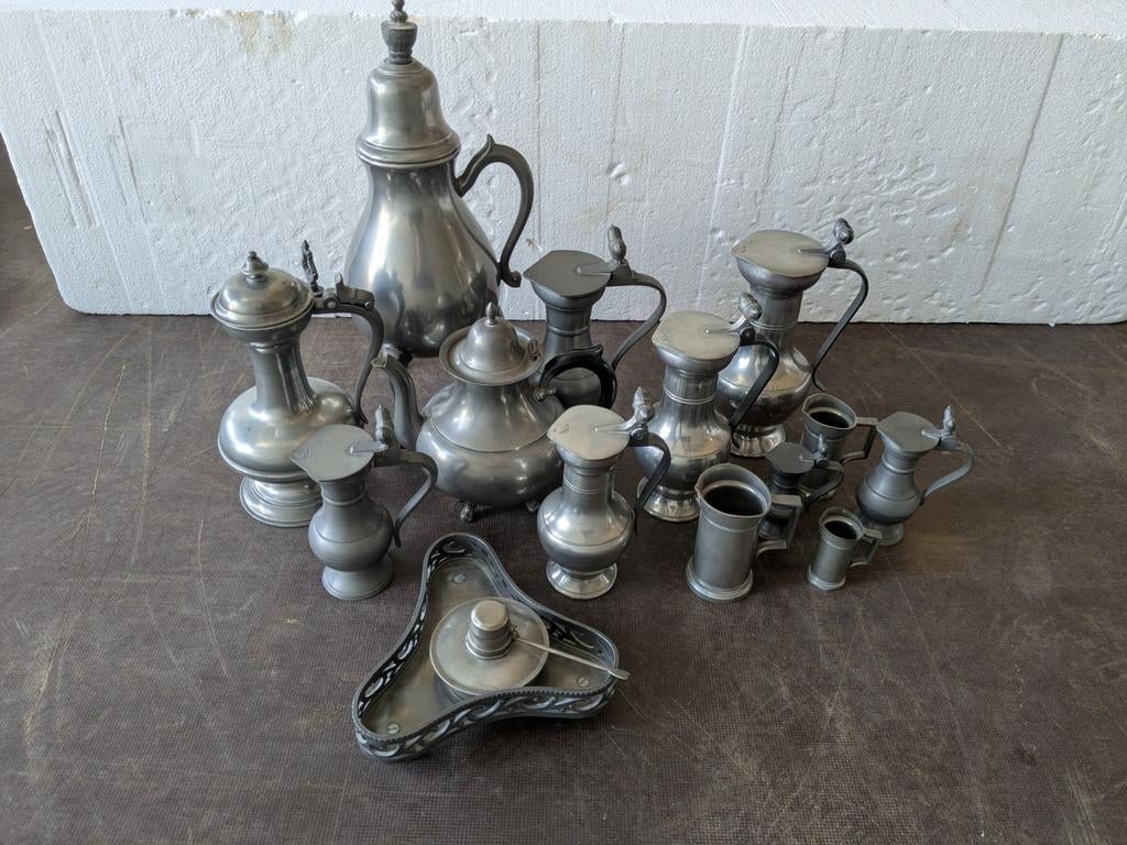Grote collectie antiek tinnen servies en decoratie, Ophalen of Verzenden