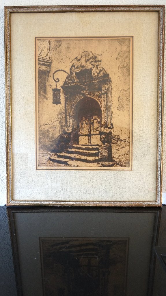 Antieke Ets. Martin van Waning. Poortje van Rothenburg., Ingelijst, 1800 - 1899, Ets, Stadsgezicht
