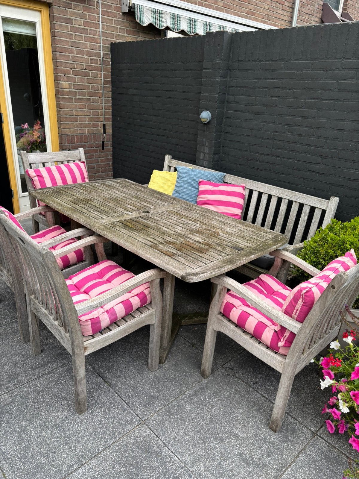 Teakhouten eettafel 4 stoelen en een bank, Ophalen, Gebruikt, Bank, Teakhout