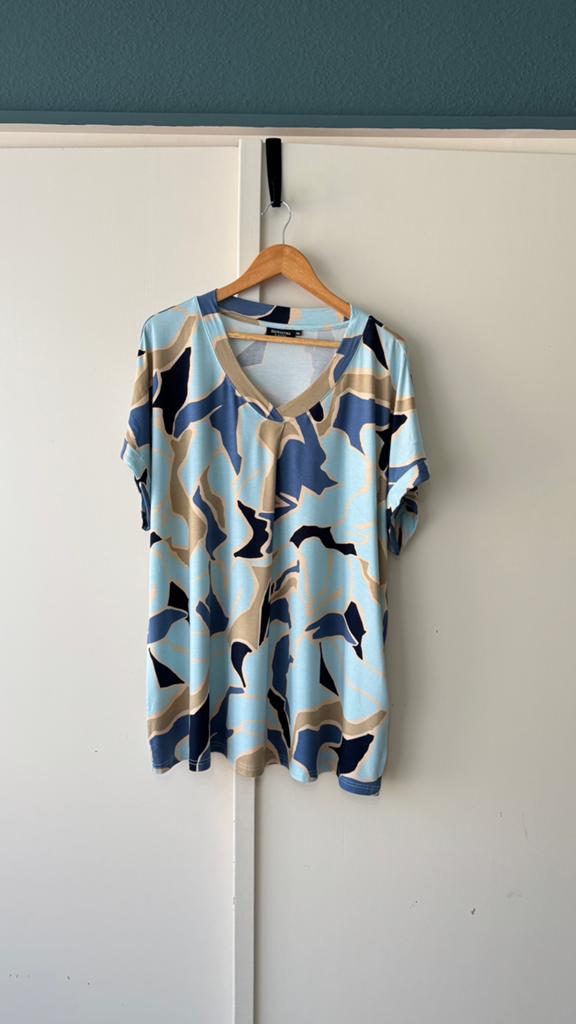 Signature viscose stretch tuniek 52 54 blauw beige abstract, Kleding | Dames, Blouses en Tunieken, Zo goed als nieuw, Maat 46/48 (XL) of groter