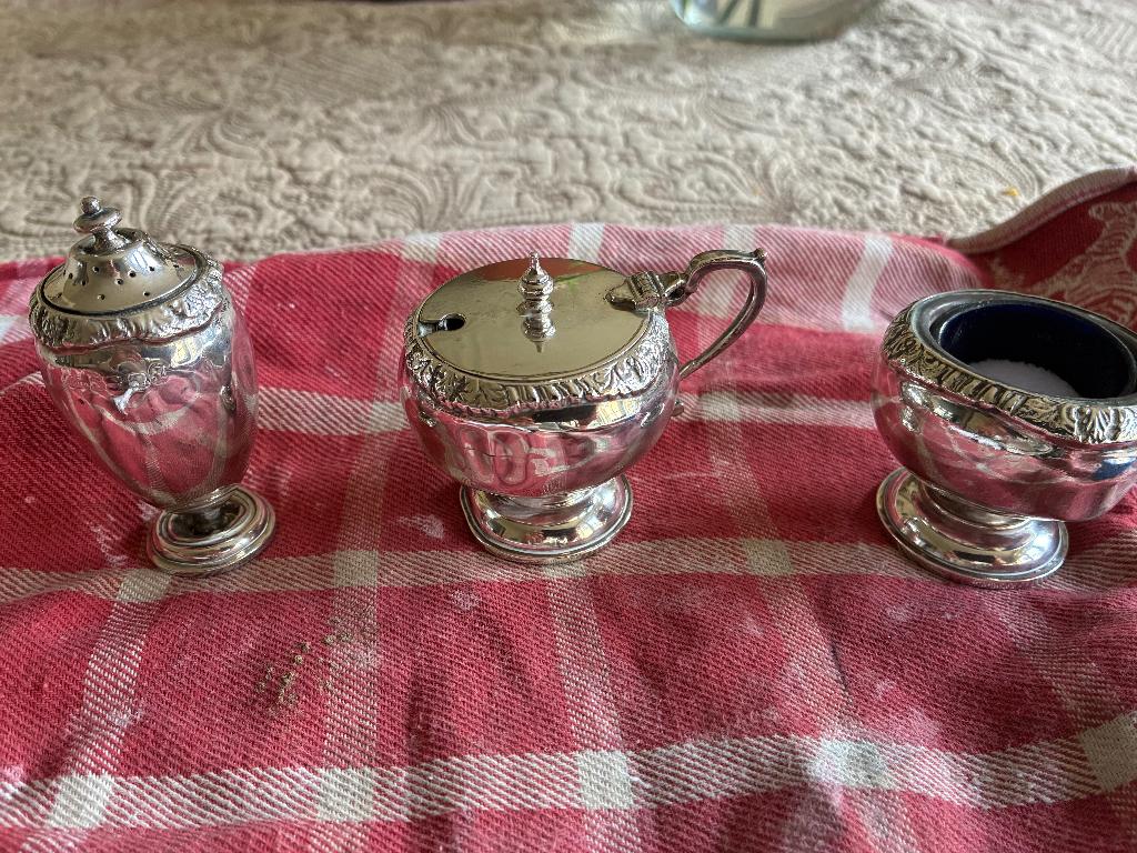 antiek verzilverd pepr/zout/mosterd stel, Antiek en Kunst, Ophalen of Verzenden