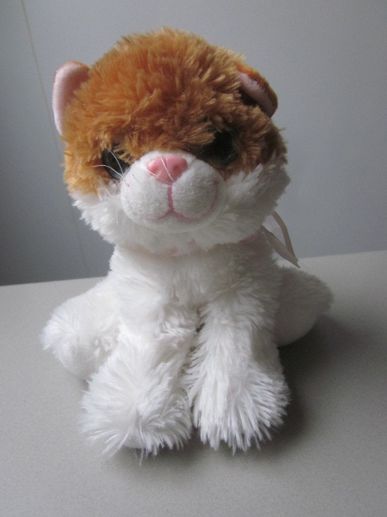 TY roest-wit pluche poes kat knuffel wit satijnen strik blau, Overige karakters, Nieuw, Wasbaar, Ophalen of Verzenden