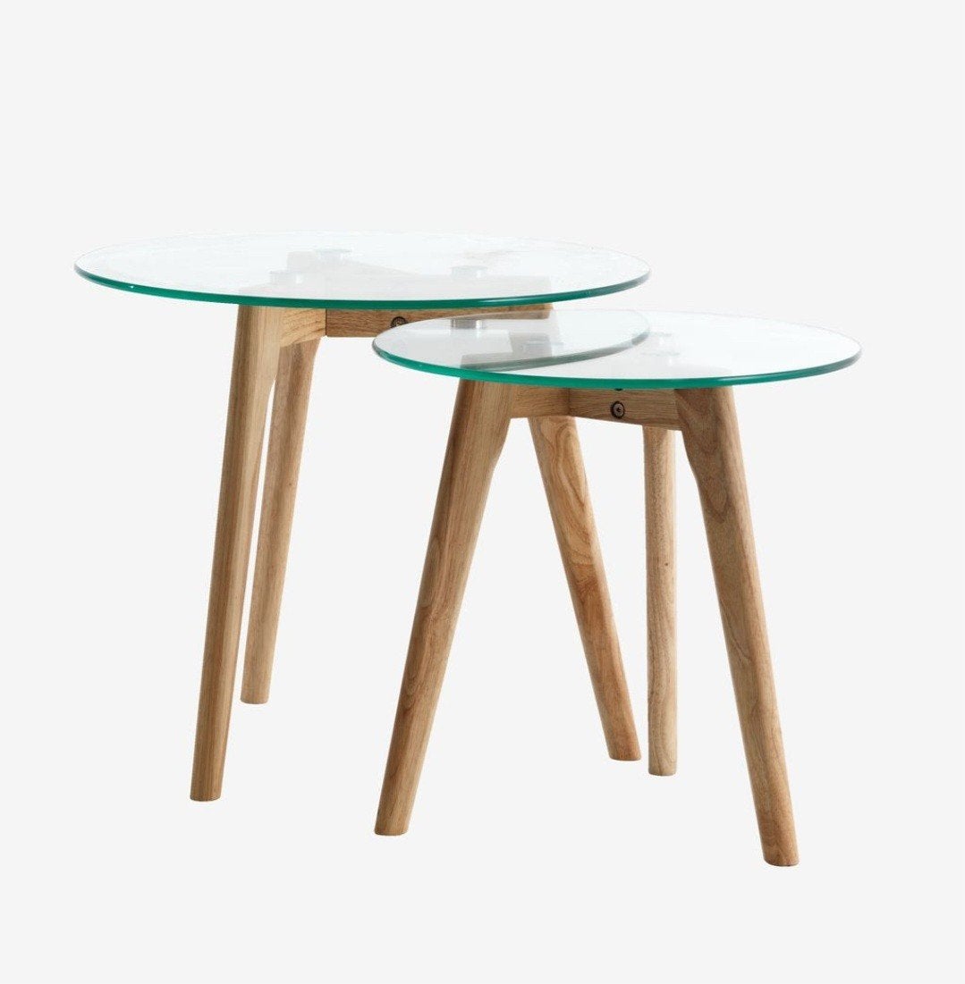 Jysk set van 2 bijzettafels met glazen blad en houten poten, Ophalen, Minder dan 45 cm, Minder dan 55 cm, Modern, Scandinavisch