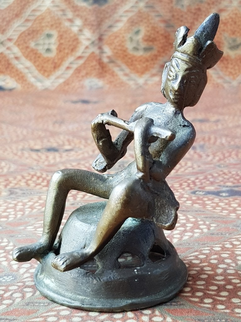 Fluitspeler mooi antiek brons beeldje uit India 8,3 cm., Antiek en Kunst, India, Handgemaakt, Ophalen of Verzenden, Brons