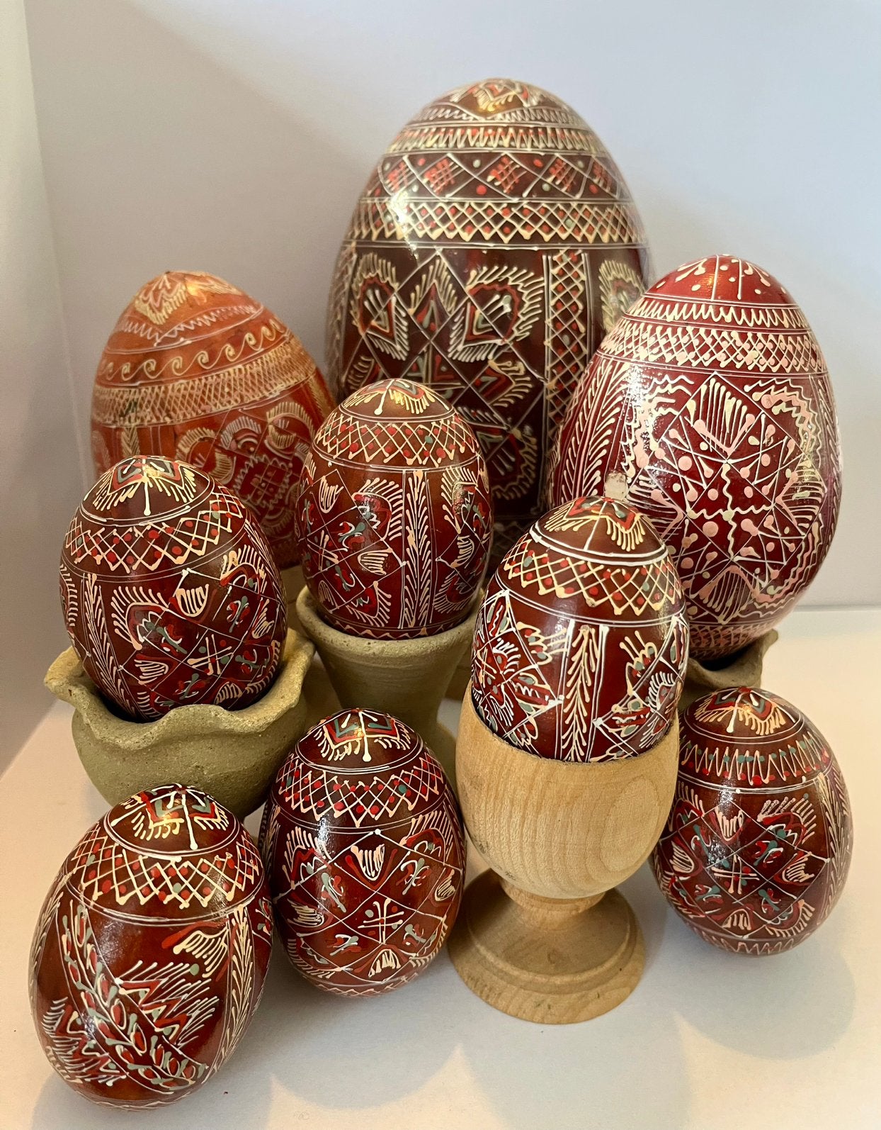 9 vintage handbeschilderde houten pysanka eieren, Ophalen of Verzenden