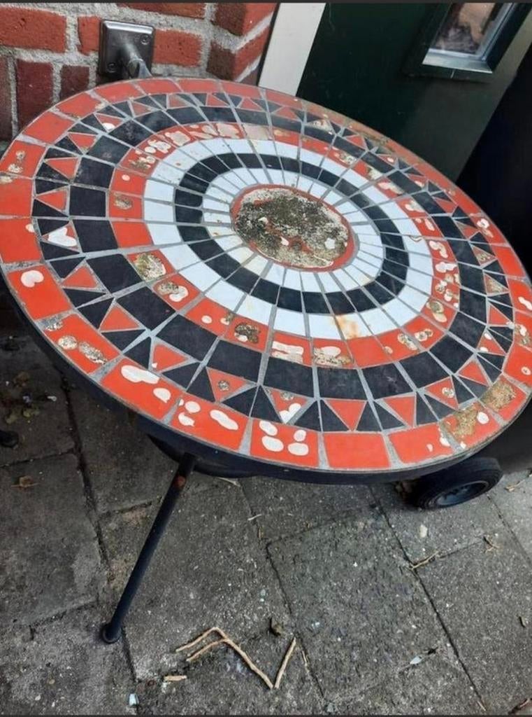 Oud mozaïek tuin/terras- tafeltje., Tuin en Terras, Tuintafels, Ophalen, Rechthoekig, Hout