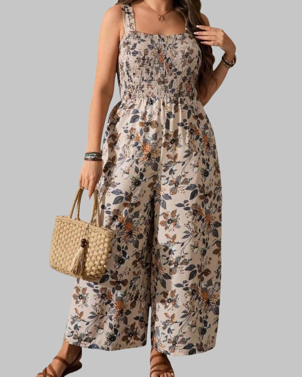 Bloemenprint Jumpsuit Beige (44-52), Kleding | Dames, Verzenden, Nieuw, Beige, Broek of Spijkerbroek
