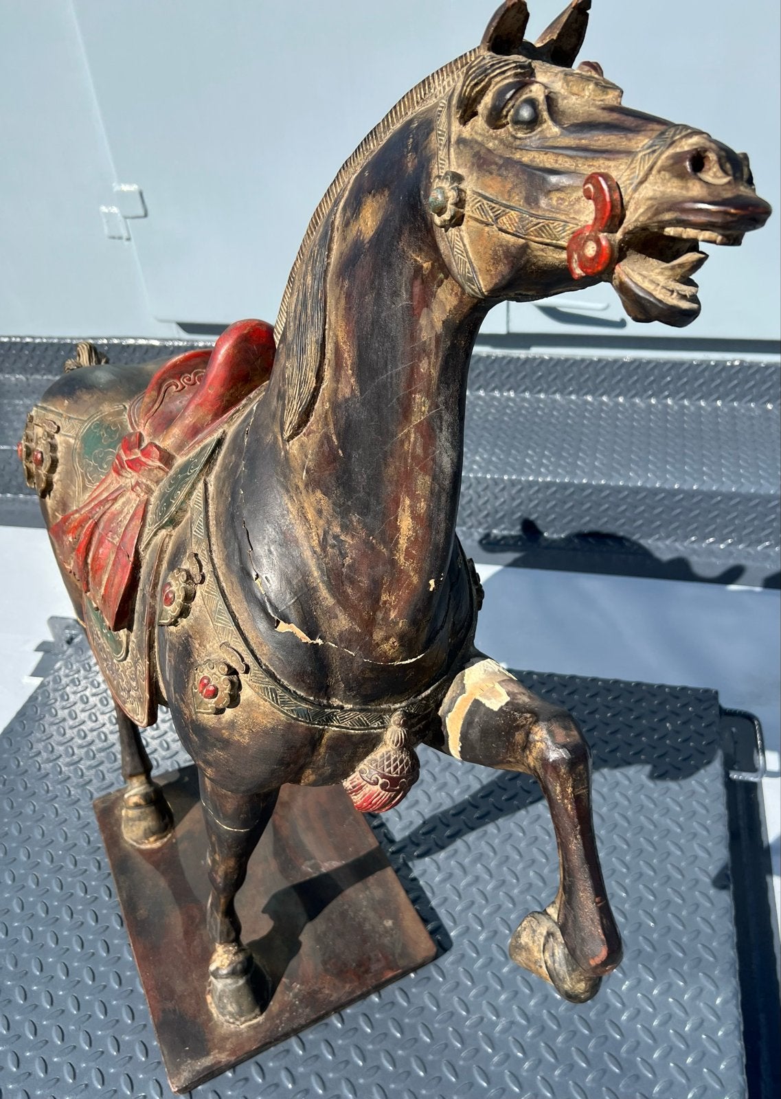Groot Chinees Tang Paard - Houtsnijwerk, 100 cm, China, Meerkleurig, Ophalen