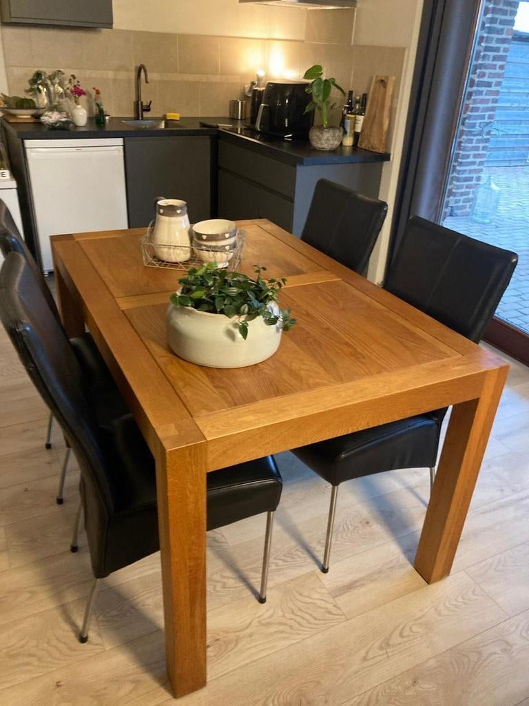 Eikenhouten eettafel met 4 leren stoelen, Huis en Inrichting, Ophalen, Gebruikt, Vier personen, Overige materialen