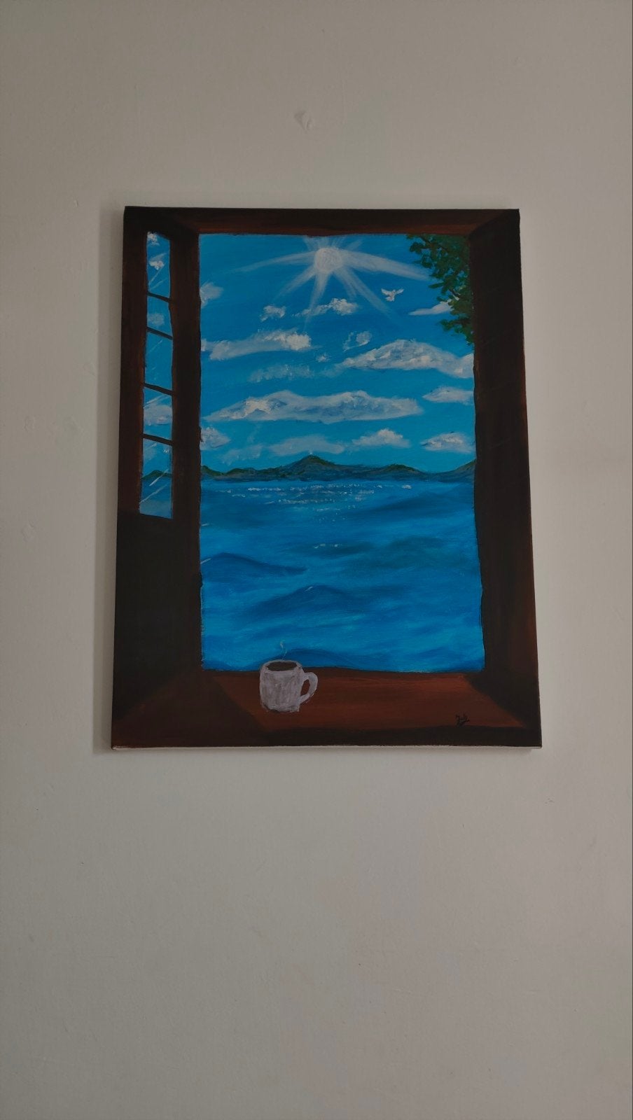 Zeezicht vanuit raam - Origineel gesigneerd schilderij, Ophalen of Verzenden