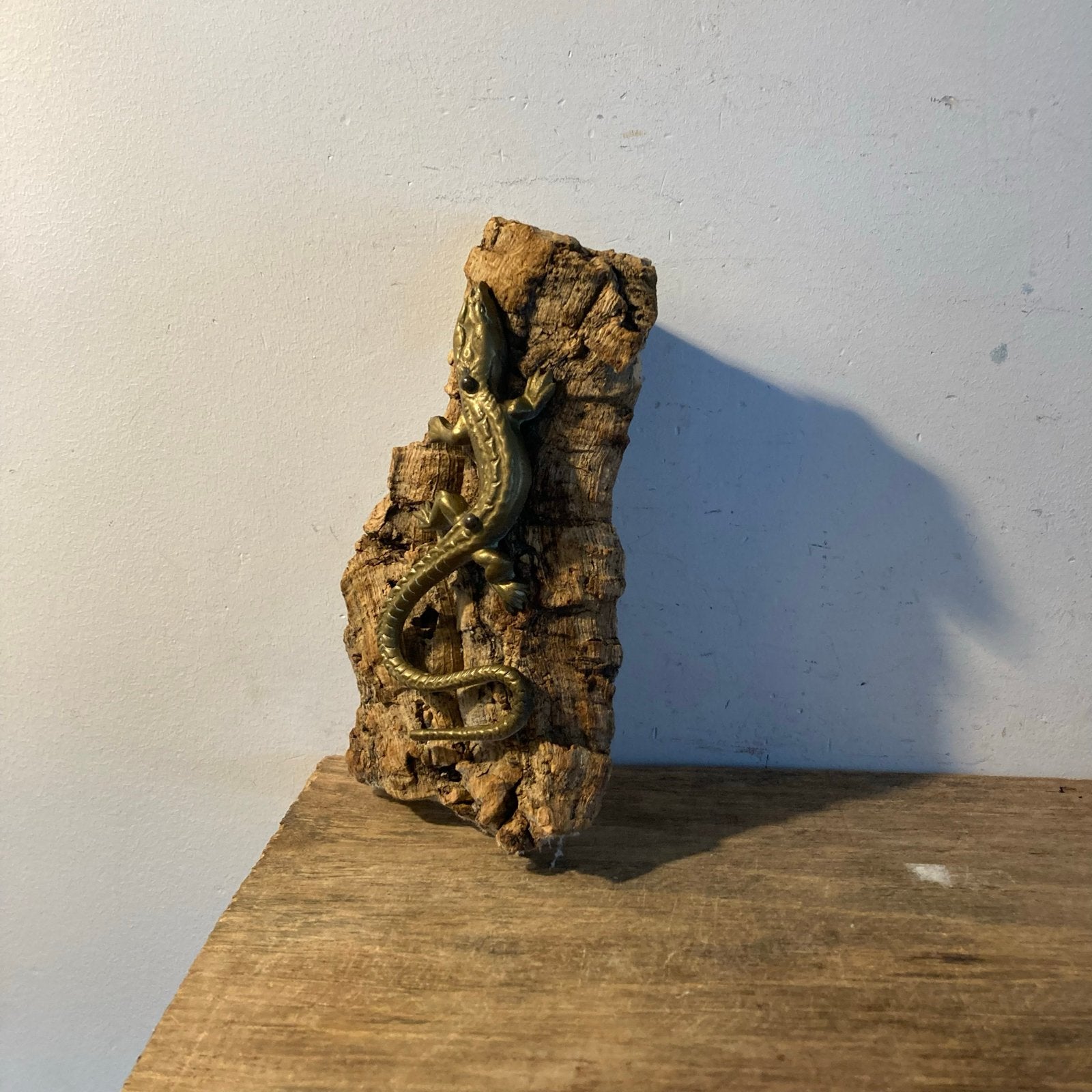 Vintage Koperen Hagedis op Kurk - Wanddecoratie, Ophalen of Verzenden