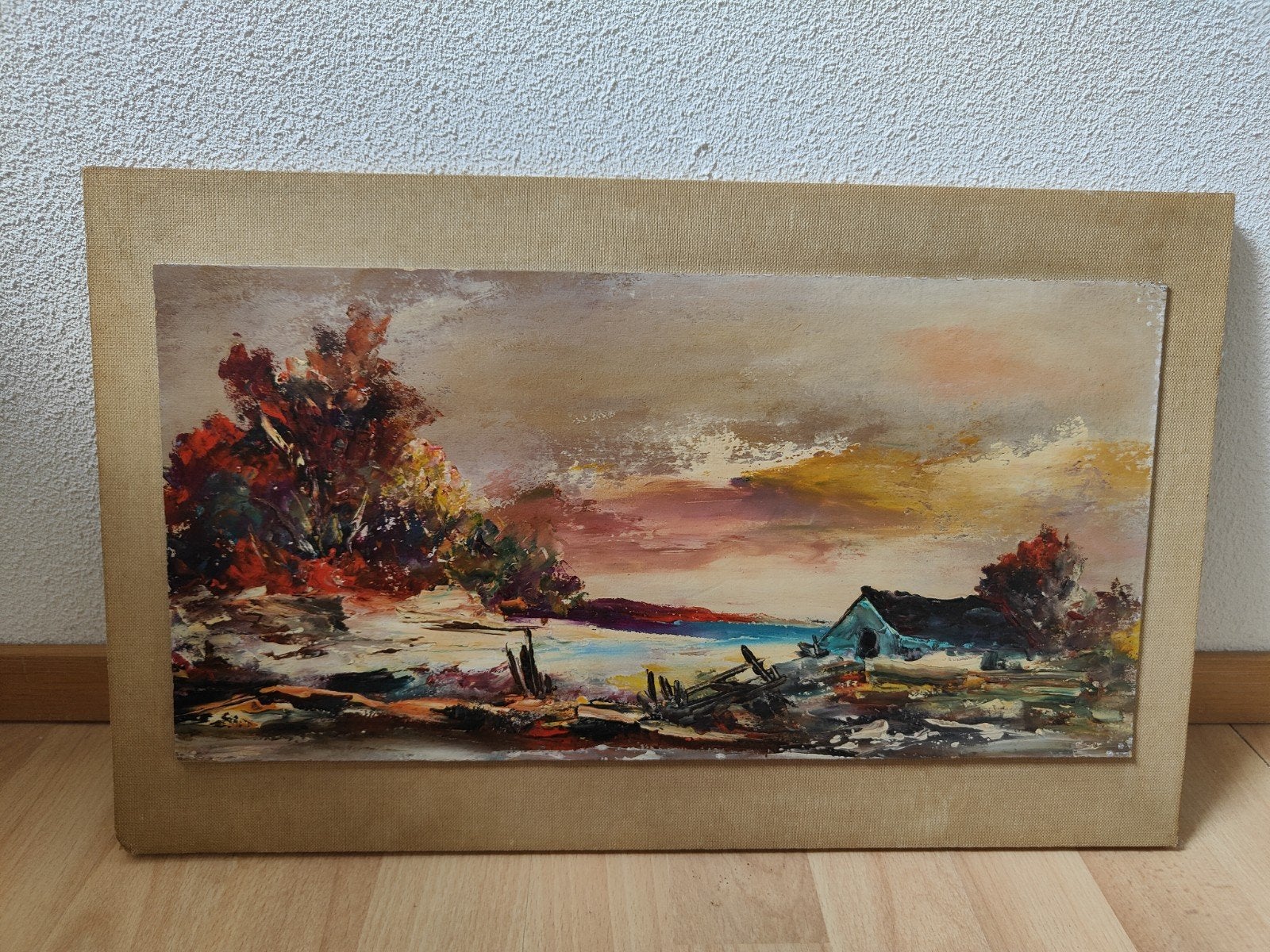 Schilderij met landschap en huisje, Antiek en Kunst, Kunst | Schilderijen | Modern, Landschap, Acrylverf, Hout, Ophalen of Verzenden