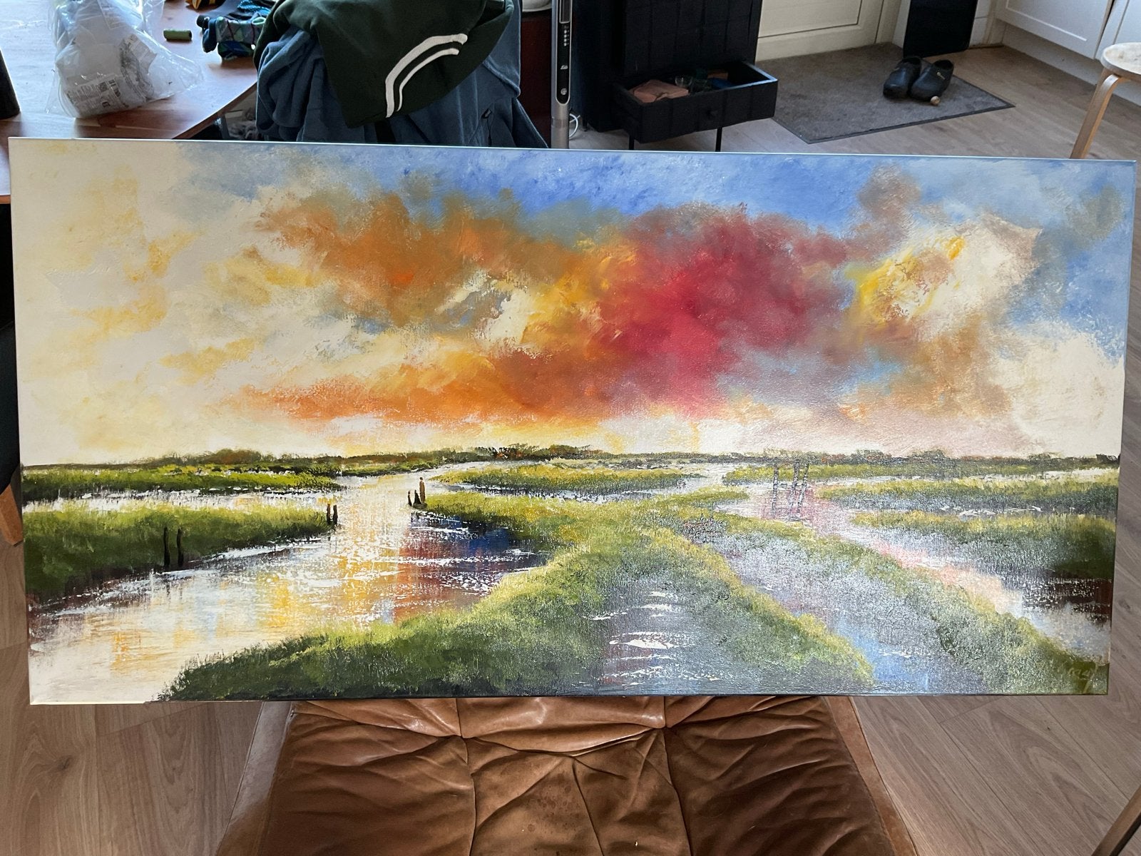 Schilderij 'Zonsondergang' door Jochem de Graaf, Landschap, Handgeschilderd, Ophalen of Verzenden, Olieverf
