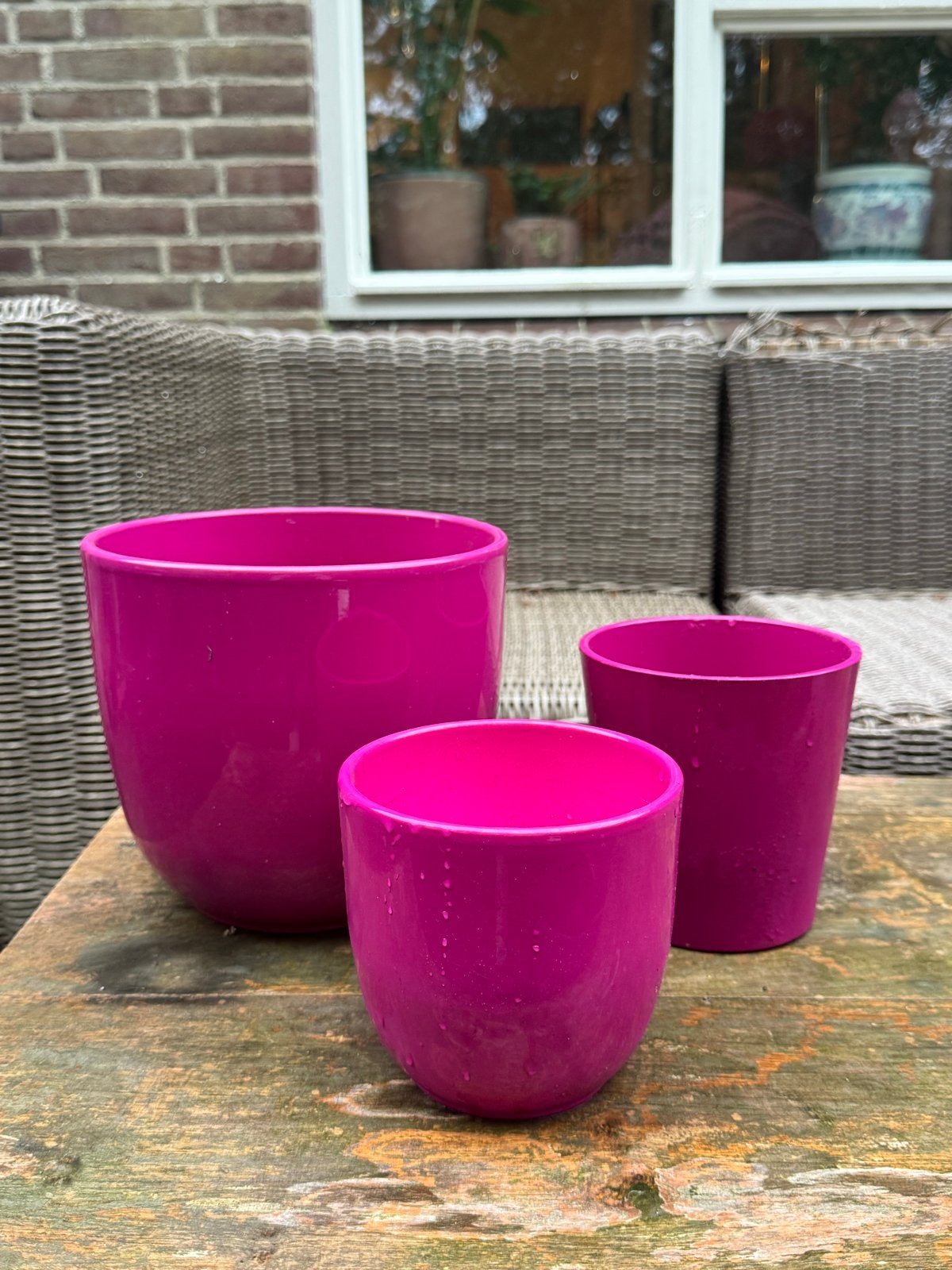Set van 3 fuchsia roze bloempotten, diverse maten, Tuin en Terras, Ophalen, Kunststof, Gebruikt, Rond