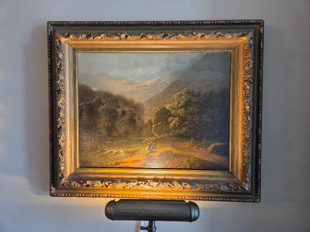Antiek olieverf schilderij berglandschap met 2 personen, Antiek en Kunst, Kunst | Schilderijen | Klassiek, Ophalen of Verzenden