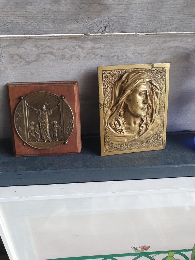 Antieke bronzen religieuze plaquettes - Jezus & Maria, Antiek en Kunst, Antiek | Religie, Ophalen of Verzenden