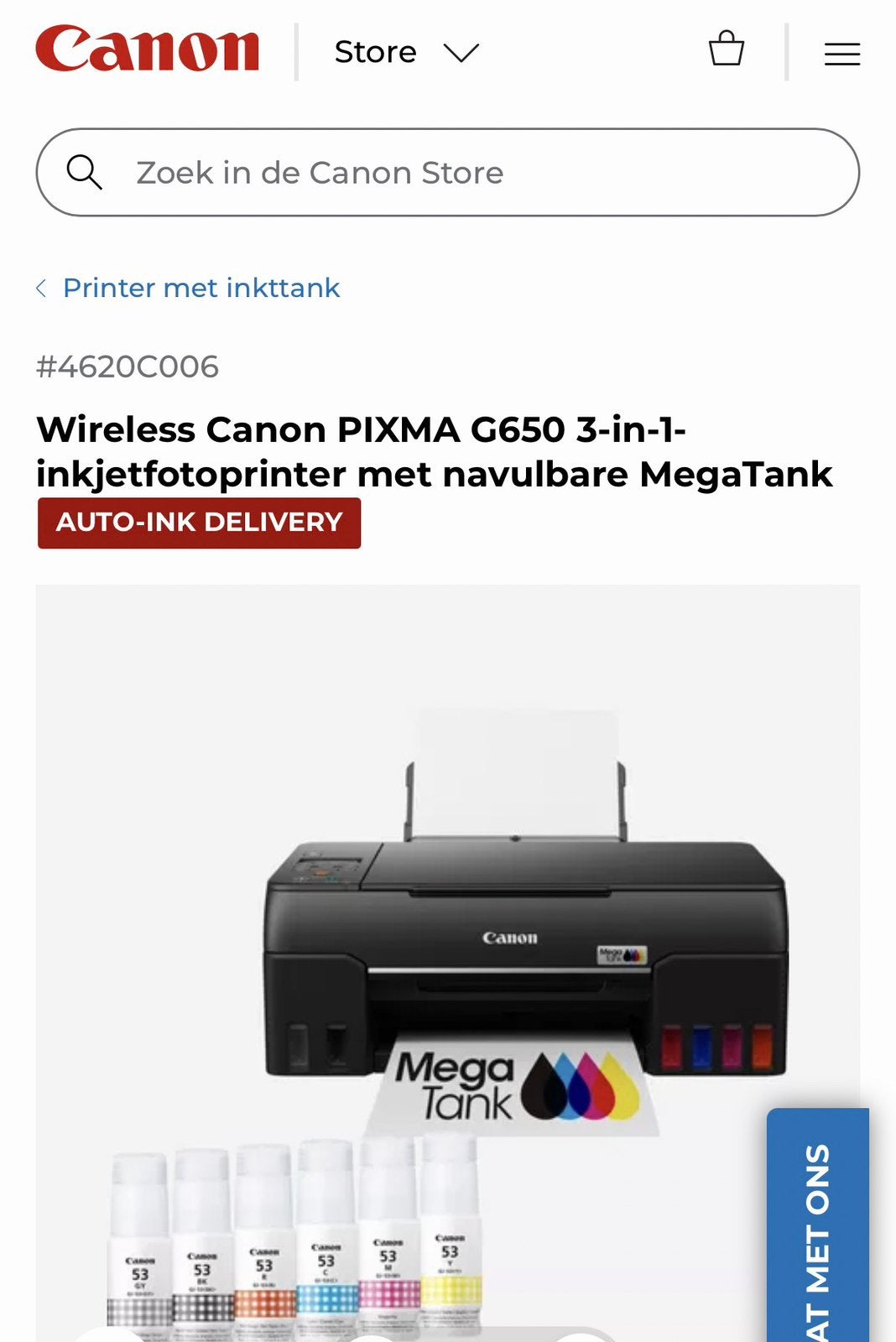 Canon Megatank G650 printer ZGAN  <8mnd, Computers en Software, Printers, Ophalen of Verzenden, Zo goed als nieuw, Overige technieken