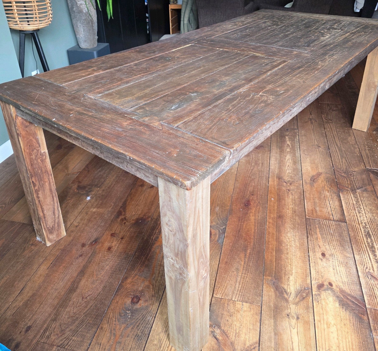 Robuuste houten eettafel - 220x100 cm, Ophalen, Gebruikt, 200 cm of meer, 50 tot 100 cm