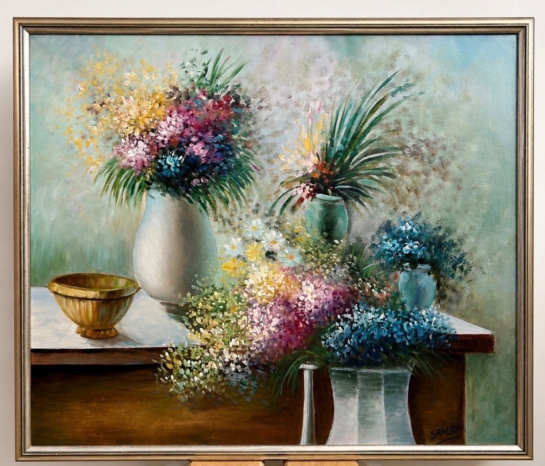 Kleurrijk bloemstilleven, gesigneerd Samson, Doek, Realistisch, Stilleven, Ophalen of Verzenden