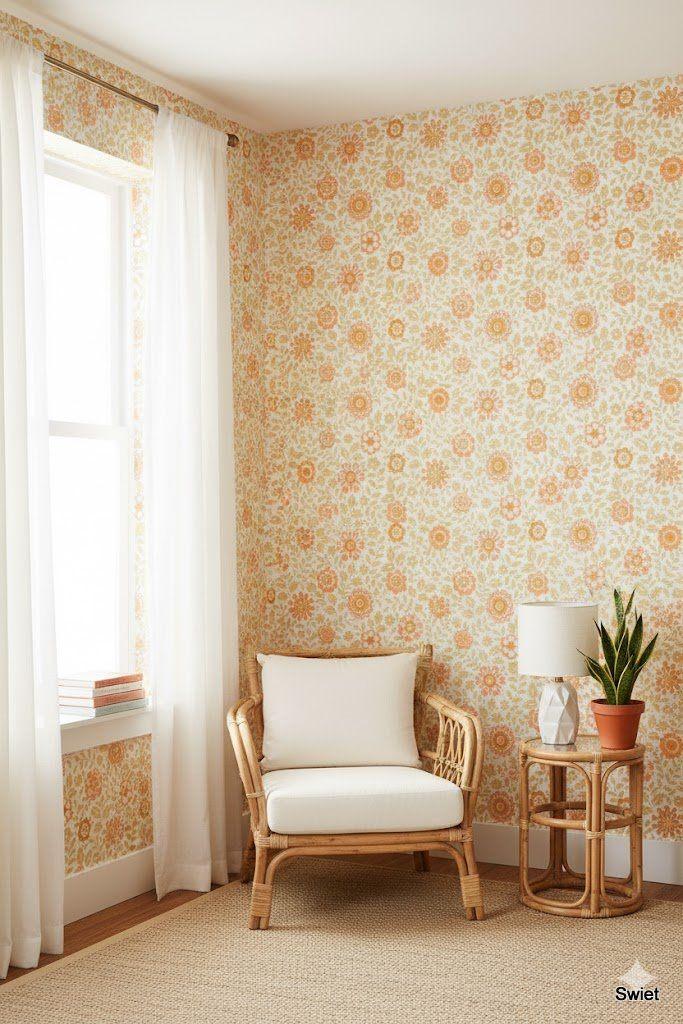 6684 vintage bloemenbehang oranje en zandtint swiet , Huis en Inrichting, Stoffering | Behang, Verzenden, Minder dan 10 m², Oranje