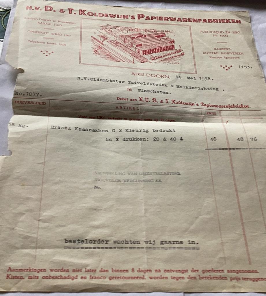 Apeldoorn Koldewijn papierfabriek nota uit1938, Verzamelen, Ophalen of Verzenden