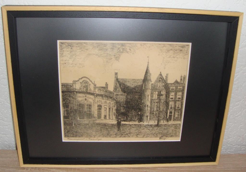 s'Gravenhage , gevangenispoort - Dongen 1900-1944 ingelijst, Antiek en Kunst, Kunst | Etsen en Gravures, Ophalen of Verzenden