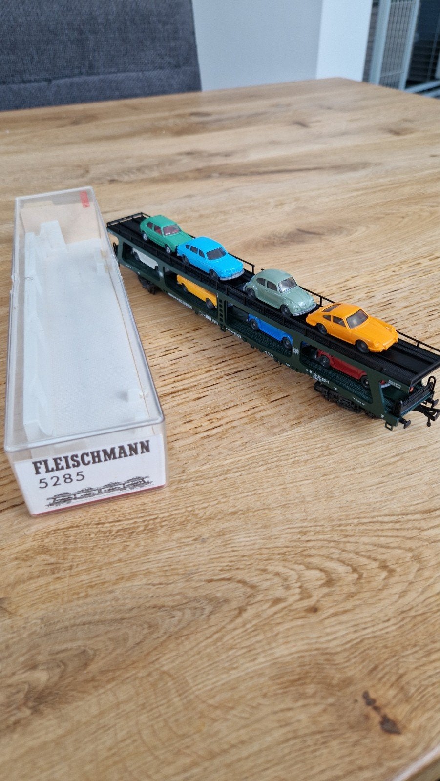 Fleischmann 5285 Autotransportwagen met auto's, Overige merken, Gebruikt, 1:50 of kleiner, Auto