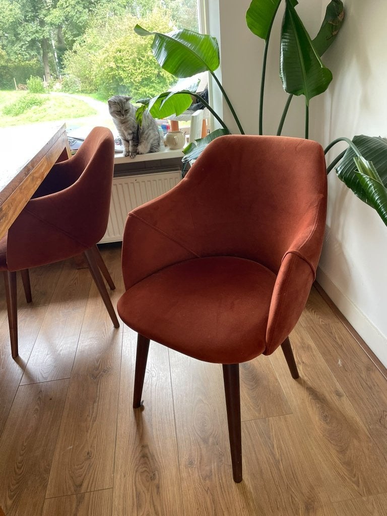 Mooie oranje/terracotta eetkamerstoelen (4 stuks), Huis en Inrichting, Ophalen, Gebruikt, Overige kleuren, Vier