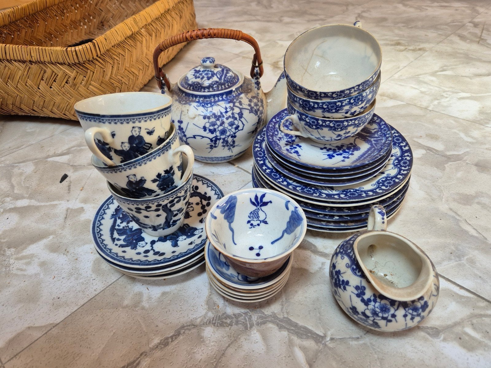 Vintage Chinees theeservies - Blauw en wit porselein, Antiek en Kunst, Antiek | Porselein, Ophalen of Verzenden