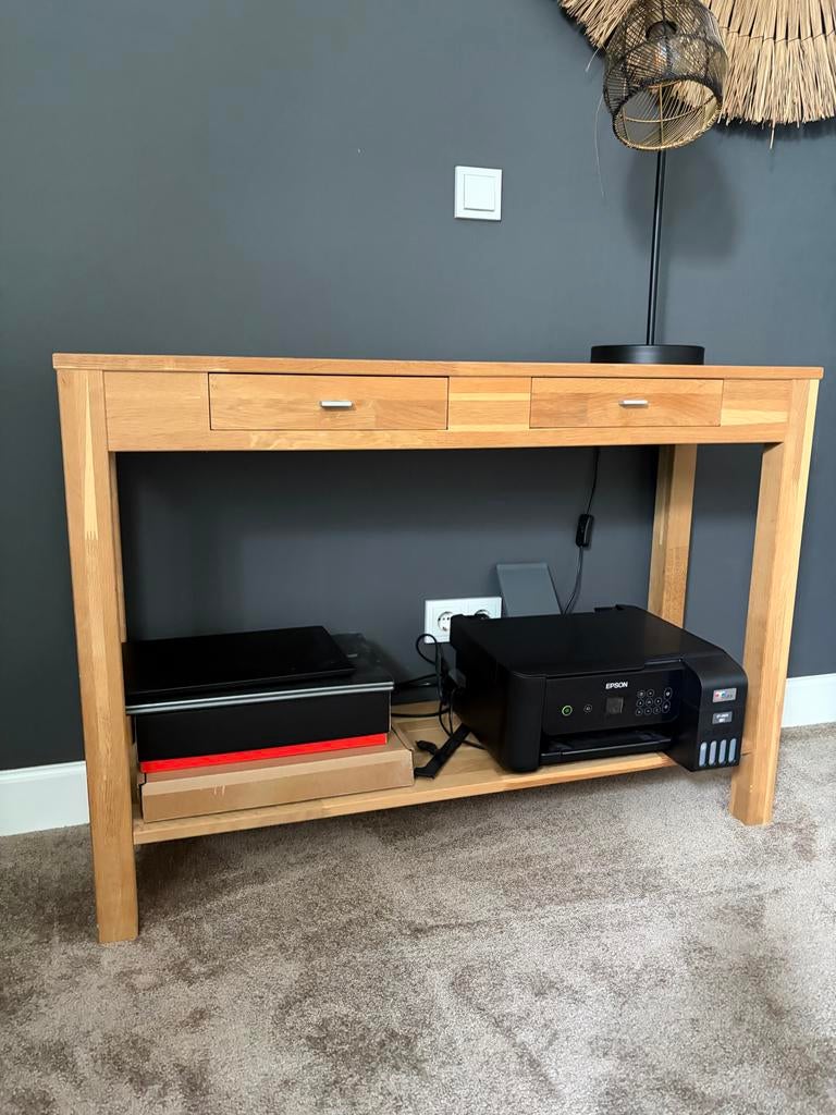 Massief eikenhouten sidetable met lades en opbergplank, Huis en Inrichting, Ophalen, 100 tot 150 cm, Eikenhout, Zo goed als nieuw