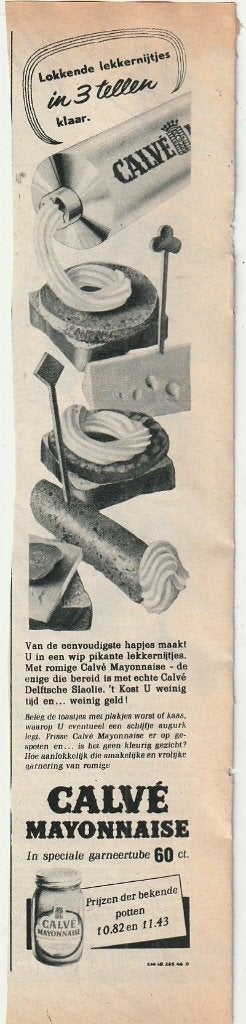 retro reclame 1955 Calvé mayonaise snelle snackhapjes, Verzamelen, Verzenden, Overige typen