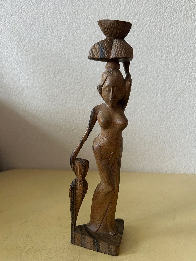 Balinees Houtsnijwerk - Vrouw met Mand (27 cm), Bruin, Handgemaakt, Indonesië, Houtsnijwerk