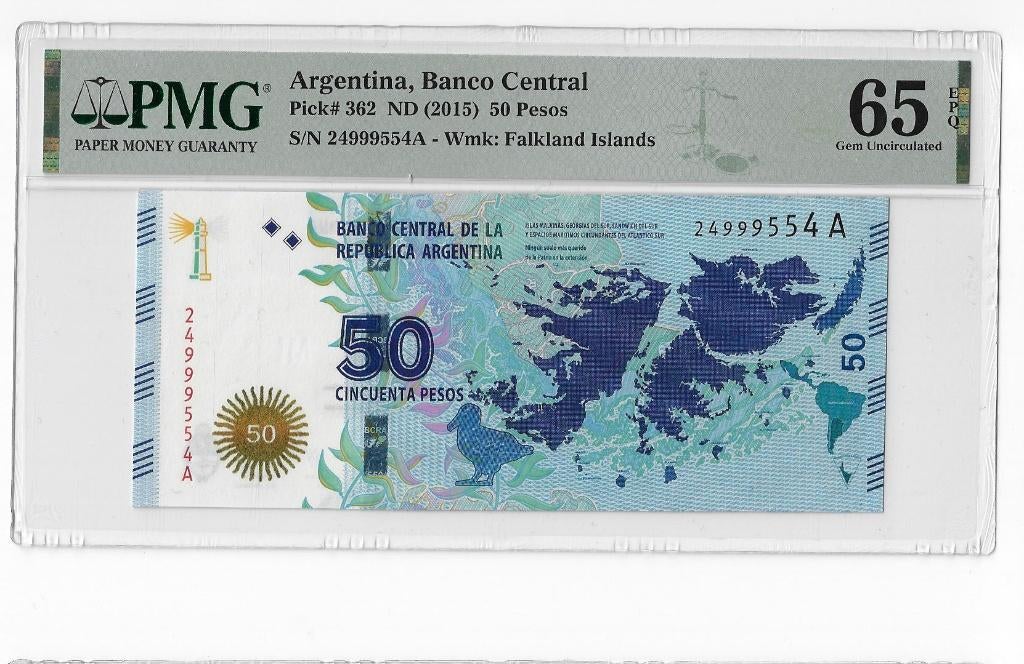 Argentina 50 Pesos 2015 Unc PMG 65 EPQ, Ophalen of Verzenden, Zuid-Amerika, Los biljet