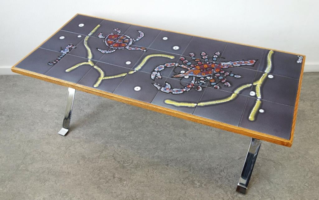 Vintage salontafel Fat Lave keramiek tegeltafel chroom hout, Ophalen, Gebruikt, 100 tot 150 cm, Vintage Fat Lava seventies salontafel keramiek chroom 60's