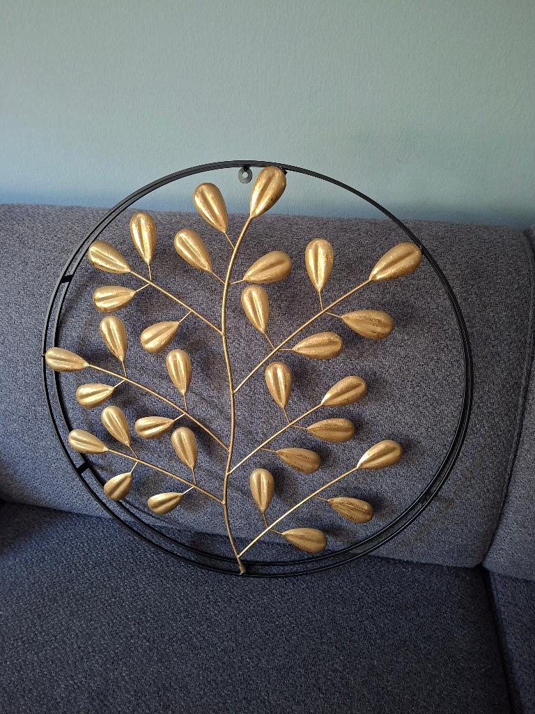 Ronde metalen wanddecoratie met bladeren - goud en zwart, Ophalen, Metaal, Industrieel, Wandcirkel