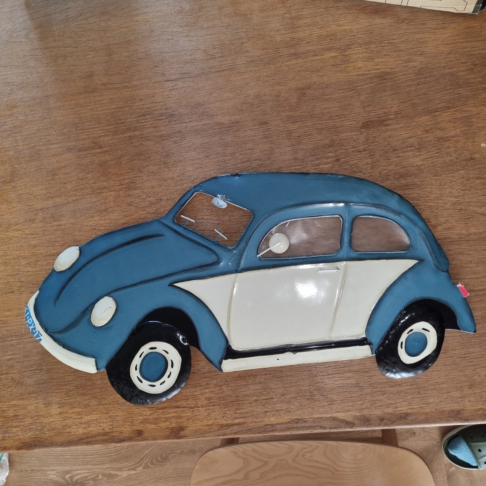 metalen wanddecoratie blauw-witte Volkswagen Kever, Ophalen