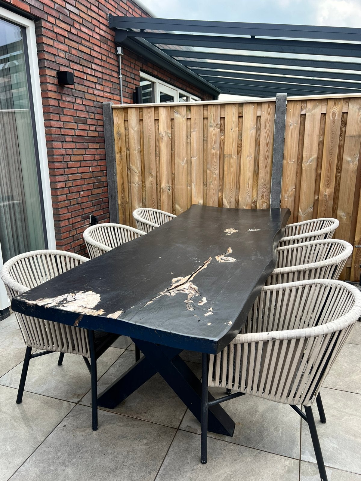 Grote massief houten boomstam tafel / buitentafel, Ophalen, Gebruikt, Rechthoekig, Hout