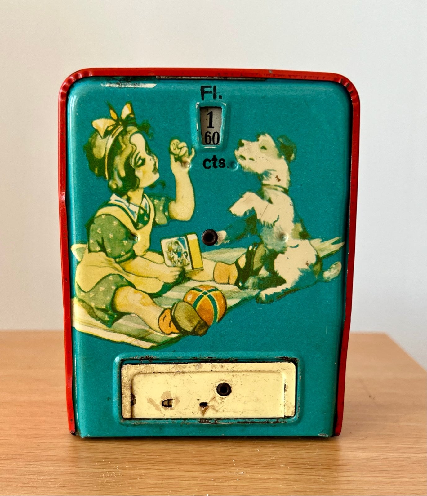 Antieke Geobra blikken spaarpot met telteller (1940-1950), Ophalen of Verzenden, Gebruikt, Metaal of Blik, Dier