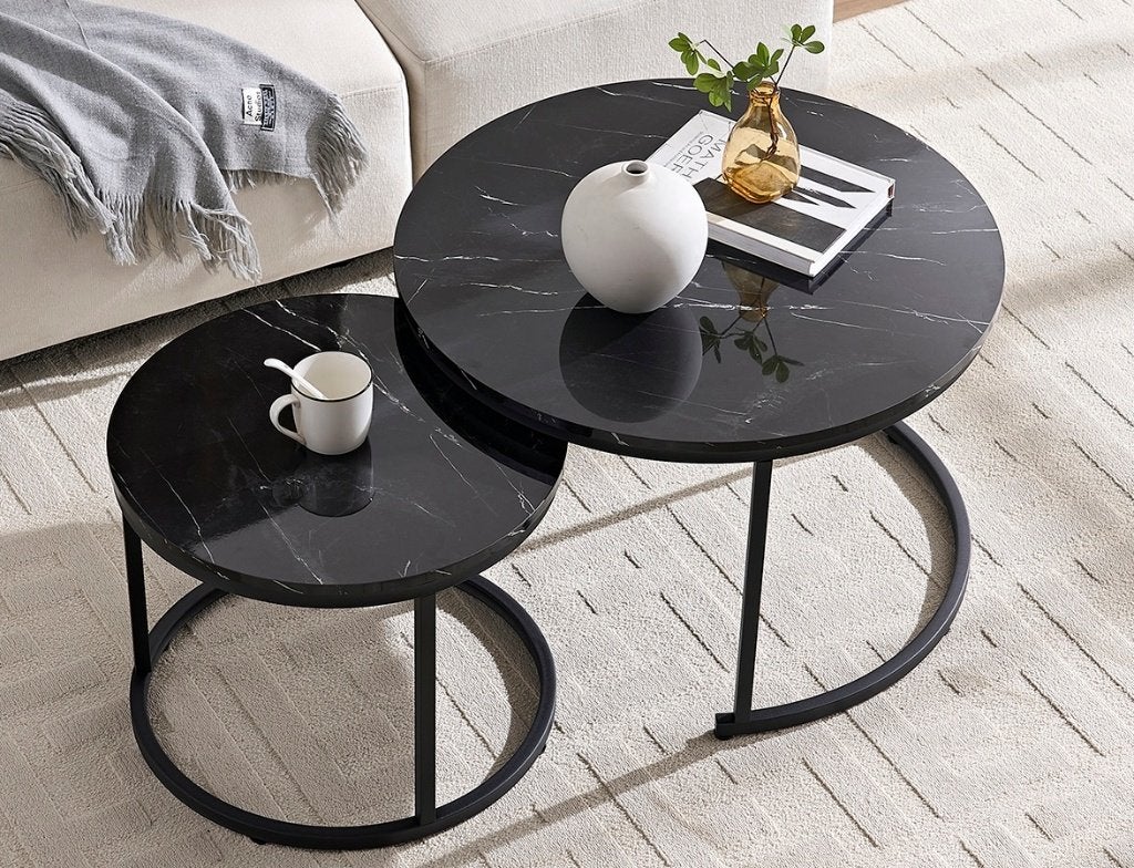 Home Heaven Salontafel Rond Zwart Marmer Print 70ø &50ø, 50 tot 100 cm, Rond, Zo goed als nieuw, Modern