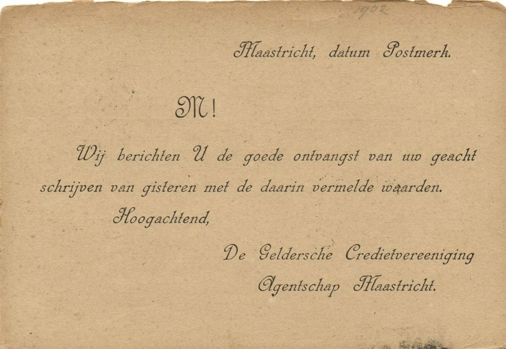 De Geldersche Credietvereeniging, Agentschap Maastricht - 02, Ophalen of Verzenden, Briefkaart