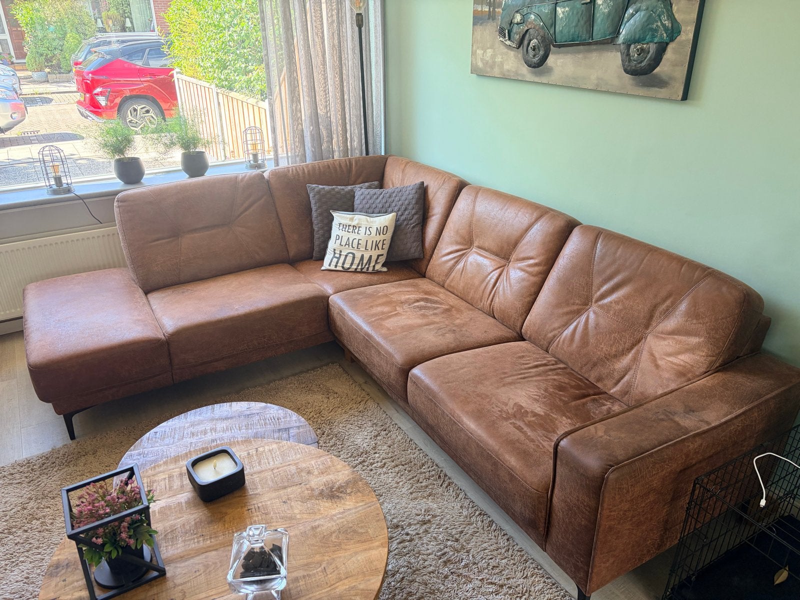 Kunst Leren hoekbank met chaise longue - bruin, Ophalen, Gebruikt, Leer