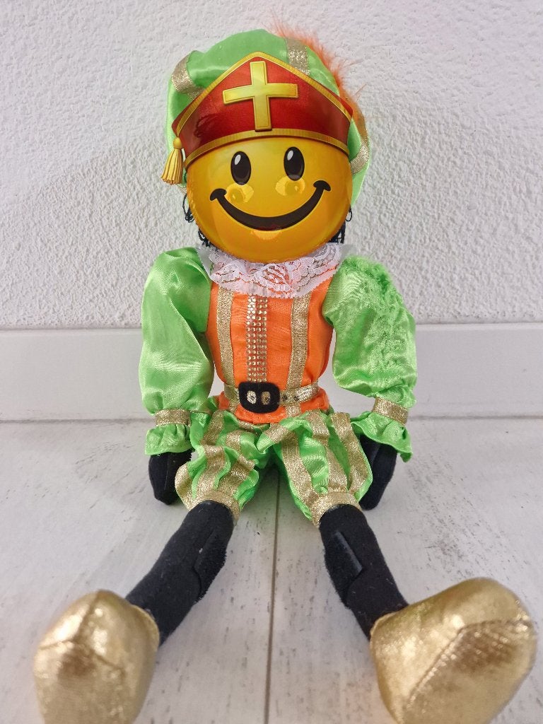 Leuke groen oranje Piet pop met klittenband, Verzenden, Gebruikt