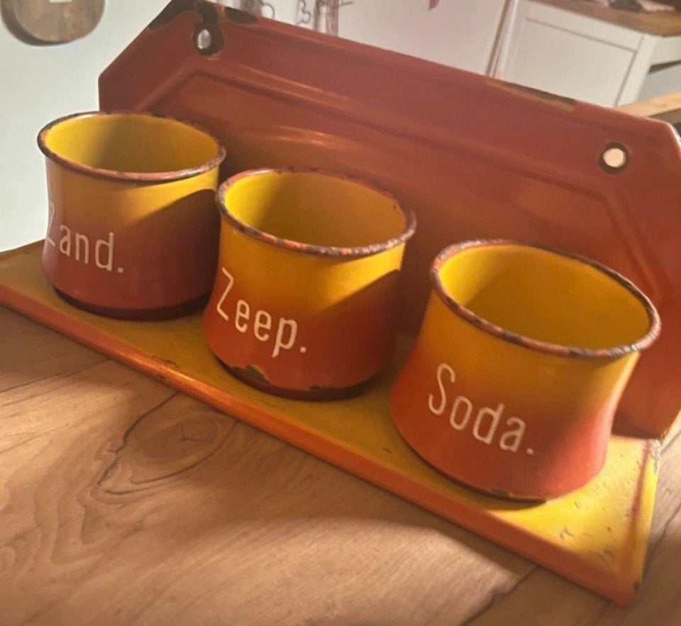 Vintage geëmailleerde set: Zand, Zeep, Soda van Duranit, Antiek en Kunst, Antiek | Emaille, Ophalen of Verzenden