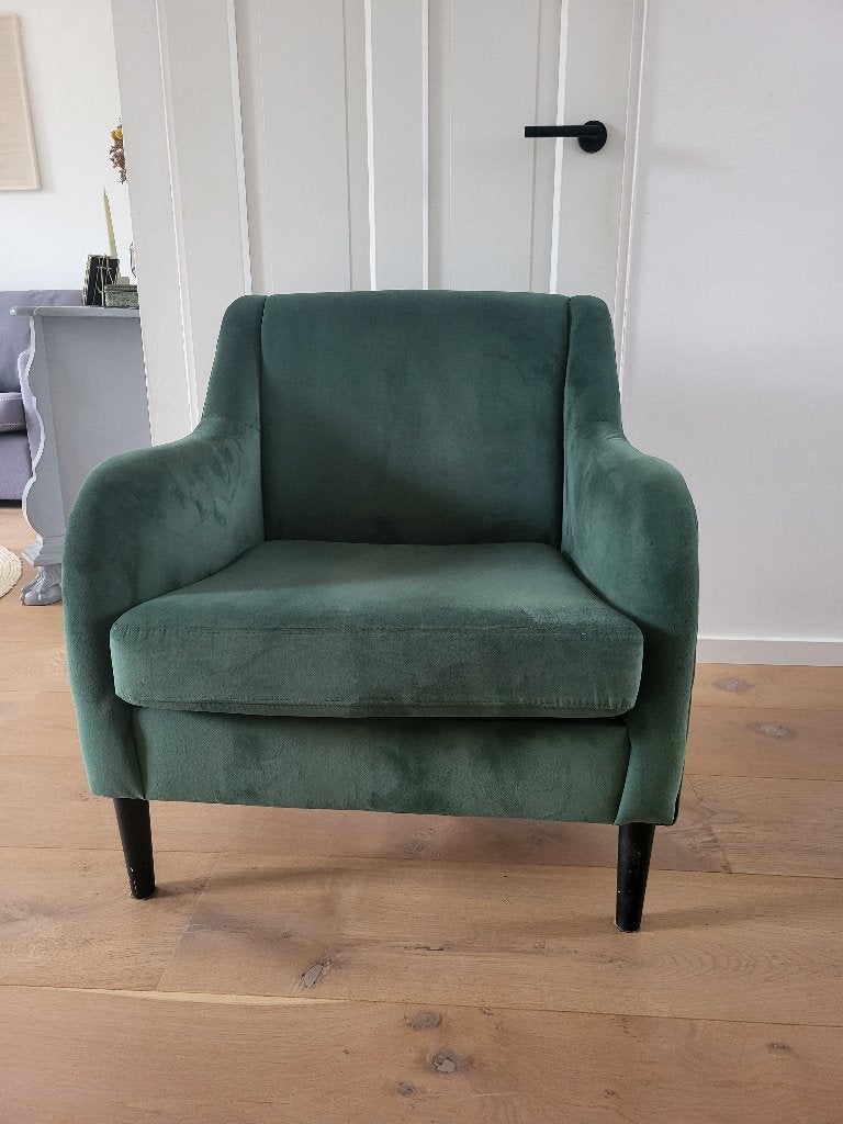 €15,- fauteuil/ stoel velvet groen, Huis en Inrichting, Fauteuils, 75 tot 100 cm, Ophalen of Verzenden, Zo goed als nieuw, Stof