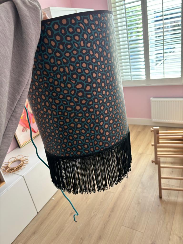 Leopard print lampenkap met franjes, Ophalen, Gebruikt, 25 tot 50 cm, Zwart