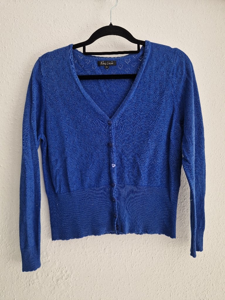 King Louie ajourgebreid vestje. Maat XL. Blauw, Kleding | Dames, Maat 38/40 (M), Blauw, Nijmegen, Ophalen of Verzenden